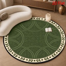 2D Flat, Round Rugs, Classic Olive Green Circular Rug with Leaf Border Pattern,