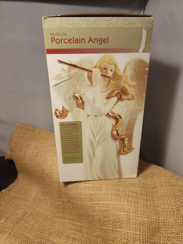 Porcelain Wind Up Musical 10” Angel Figurine Playing Flute Plays Ode to Joy LN - Image 4 of 4