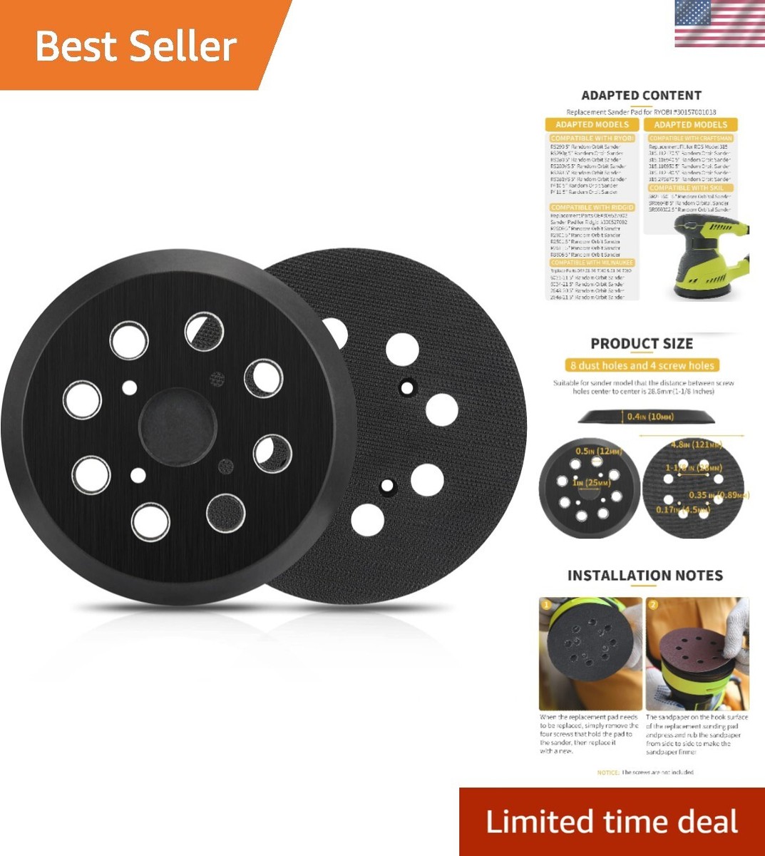 5-Inch Hook and Loop Orbital Sander Pad Replacement for Ryobi