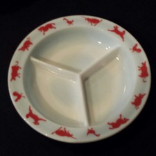 HAZEL ATLAS DIVIDED MILK GLASS CHILDS PLATE DISH WITH RED ANIMALS