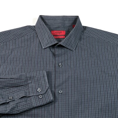 Alfani Button Up Shirt Fitted Performance Large 16 34/35 Gray Plaid Long Sleeve