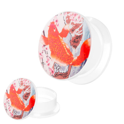 Flesh Schraub Ohr Tunnel Picture Plug Piercing Weiß Motiv Koi Karpfen Orange