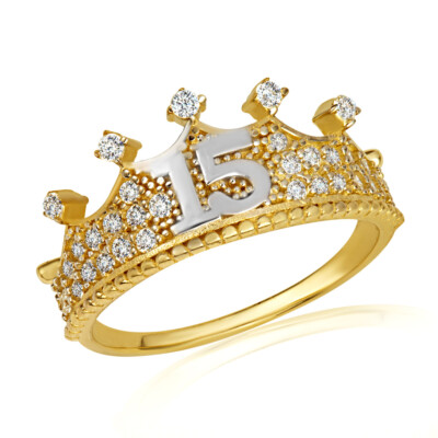 Two Tone CZ Triple Set Royal Crown 15 AÃ±os QuinceaÃ±era Ring