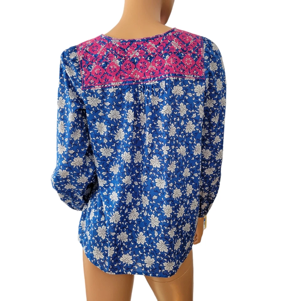 Camisa J Crew Para Mujer XS Voile Camisa Borla Corbata Bordada Boho Azul Rosa Top Foto 4 de 4