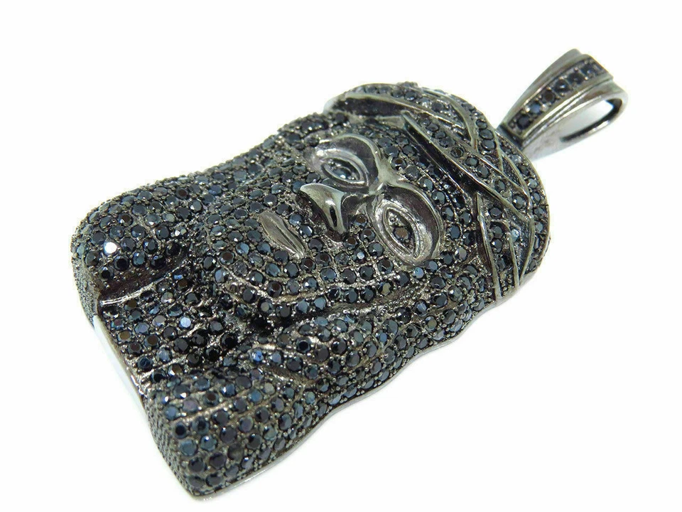 Colgante de plata 925 con cara de Jesús de circonita cúbica negra de 1,5 quilates Foto 3 de 4