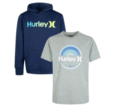 Hurley Boy's 2-Piece Fleece Lined Hoodie & Cotton Blend Tee Set Navy/Grey Sz 5/6