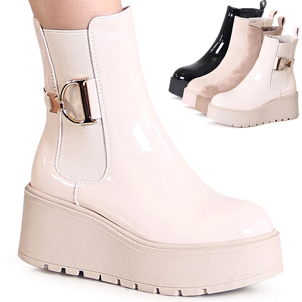 MARKENLOS Damen XXL Plateau Stiefeletten Chelsea Boots Booties Kurzstiefel