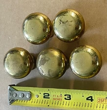 Lot of 5 Vintage Solid Brass Door Drawer Cabinet 1 1/4” Heavy Round Knob VTG