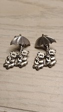 Pewter Teddy Bears Under Umbrella Dangle Earrings
