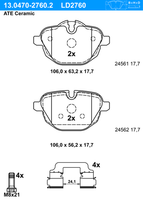 ATE BremsbeläGe Mit ZubehöR Hinten (13.0470-2760.2) FüR BMW X3 5 Z4 I8 X4 X5 7