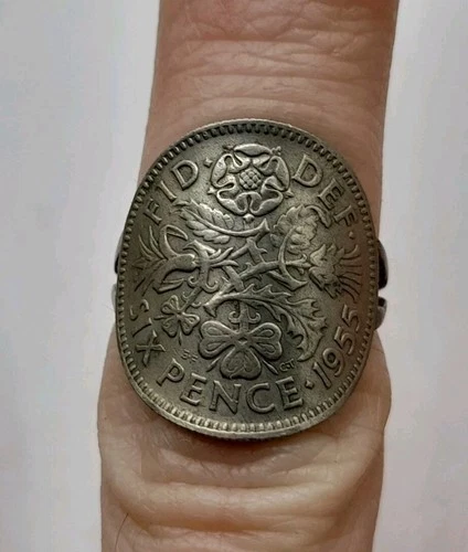 Old Vintage English 925 Silver Ring With 1955 Sixpence Coin - UK Size L