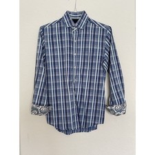 Tasso Elba Mens Button Up Shirt Sz S 14-14 1/2 Blue White Plaid Cuffs design