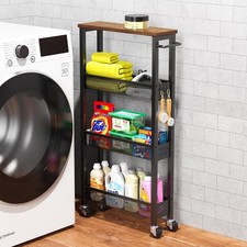 Laundry Room, Bathroom, Mobile Utility Cart Shelving Unit with Wooden and