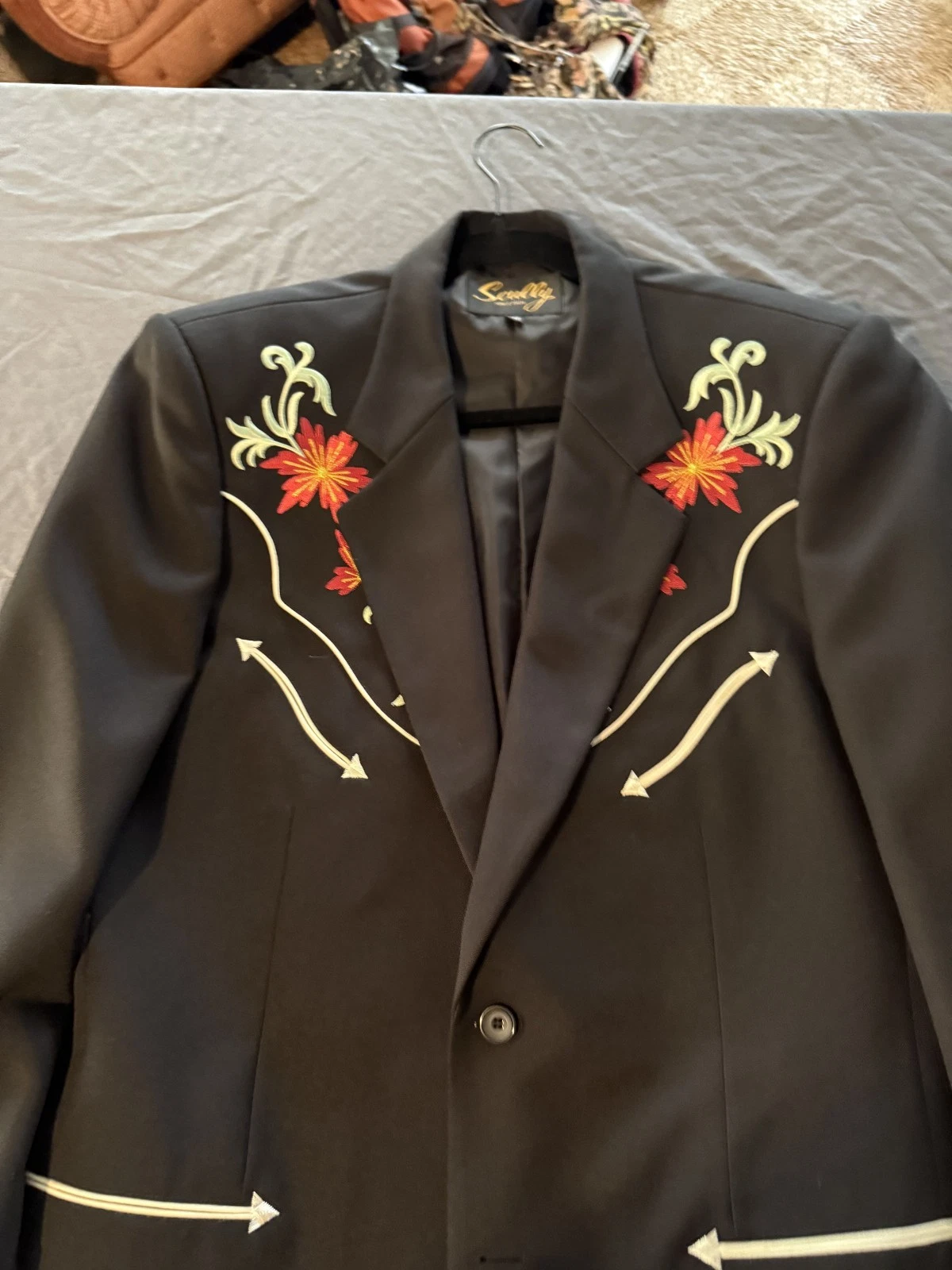 Scully Western Blazer Jacket Mens 42 Black Embroidered Floral Rodeo Cowboy Suit image 2