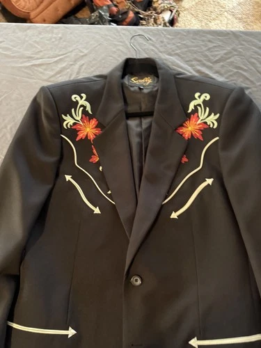 Scully Western Blazer Jacket Mens 42 Black Embroidered Floral Rodeo Cowboy Suit image 2