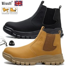MENS LEATHER ANKLE SAFETY BOOTS SLIP ON STEEL TOE CAP WORK SHOES CHELSEA HRO