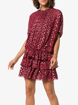 Saint Laurent Recent Polka Dot Damen Lila Rot Seide Stufen Minikleid Gr.S-M