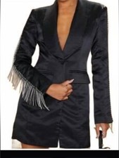 PrettyLittleThing black satin blazer dress crystal fringe trim sz 4