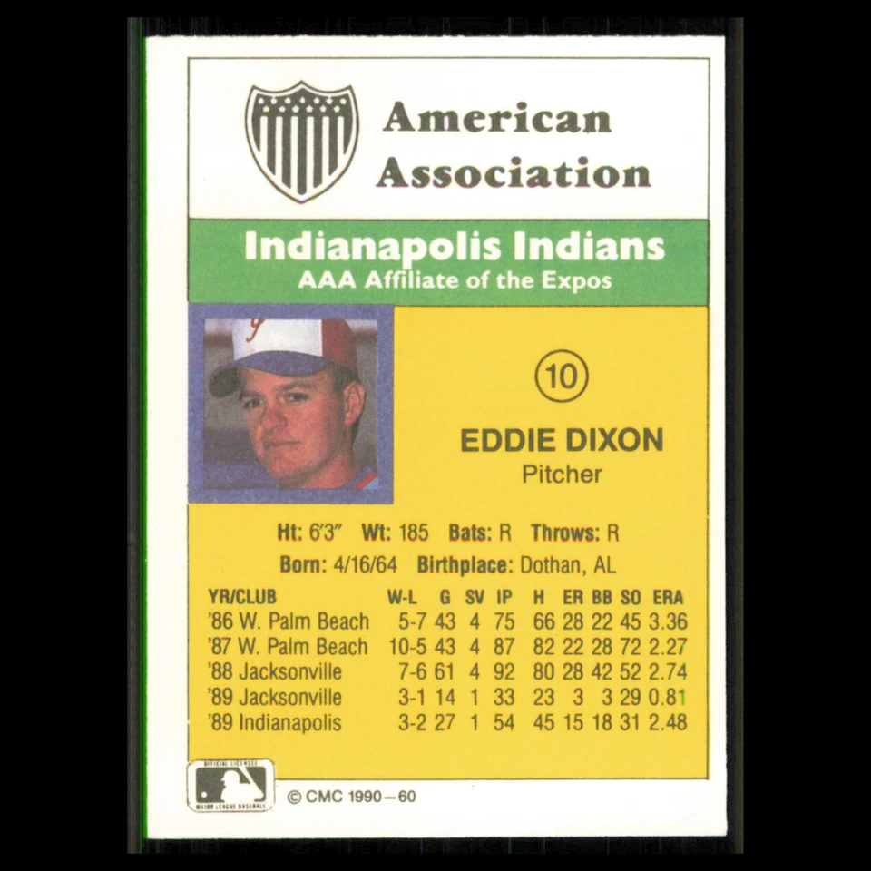 Eddie Dixon #60 1990 CMC Minor League Indianapolis Indians Baseball Card MLB NM - Image 2 of 3