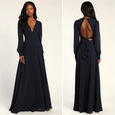 NWT Lulu’s Talk About Divine Navy Blue Long Sleeve Backless Maxi Dress Size M