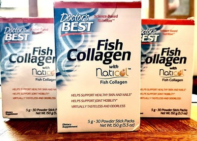 THREE DOCTOR'S BEST FISH COLLAGEN WITH NATICOL.  TOTAL OF 90 5g STICK PACKS
