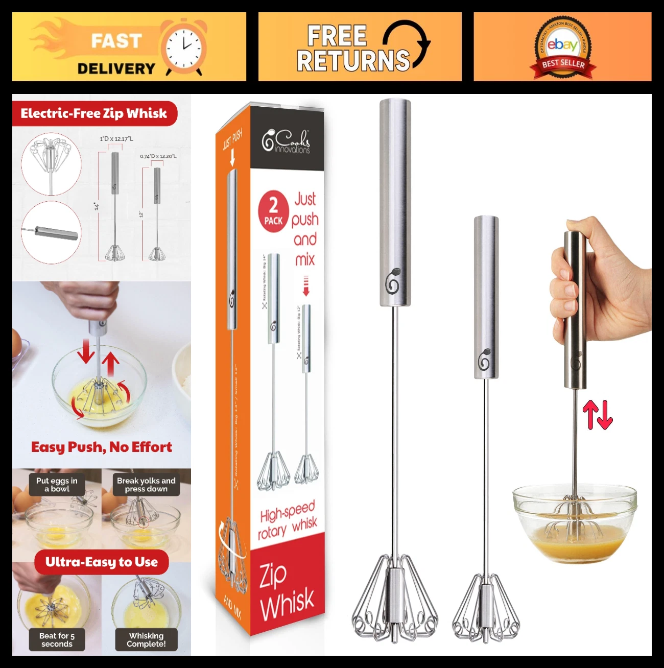Stainless Steel Egg Beater Set - Semi-Automatic Push-Down Whisk - 2 Sizes for Mi
Opens in a new wind