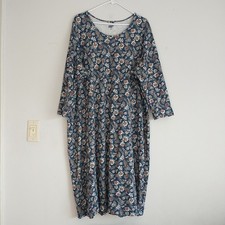 Lands End Dress 3X Blue BrownFloral Cotton Lagenlook Cottagecore Tropical Lounge