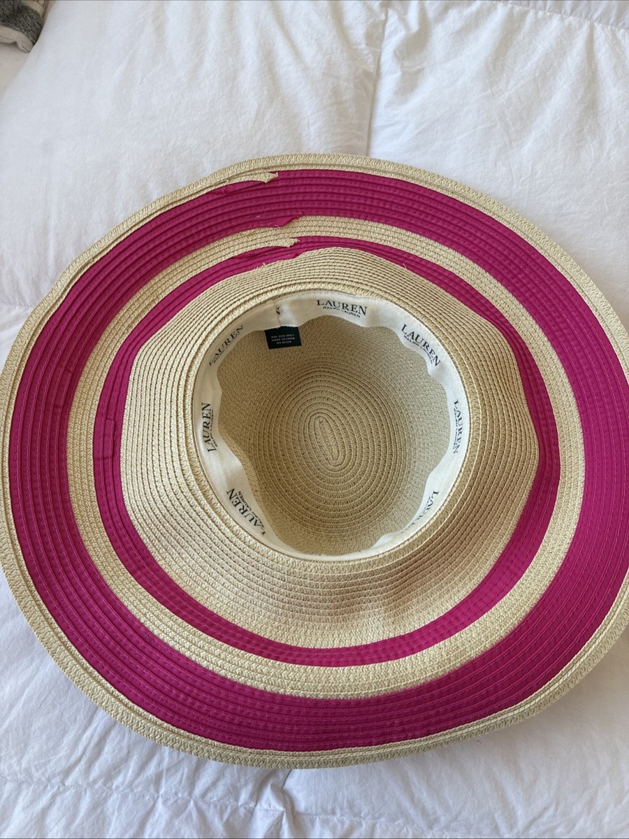 Lauren Ralph Lauren Hat Womens OS Pink Striped Straw Wide Brim Boater Beach Sun Polo Ralph Lauren Straw Pink Grosgrain Ribbon Striped Wide  main image 2