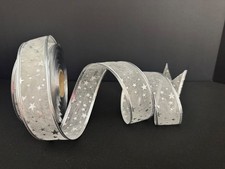 Silver Sheer wired edge ribbon w/ stars- For Wreaths- Crafts - 1 1/2" - 10 yds