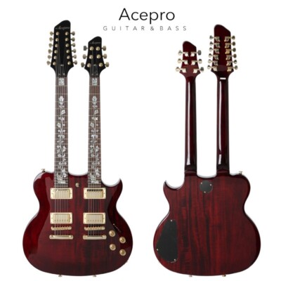 Acepro Wine Red Double Neck Electric Guitar Carved Top Abalone Custom Stem Inlay