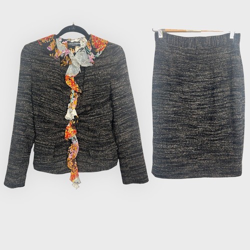 Dolce & Gabbana Brown Tweed Ruffle Trim Detail 2pc Vintage Skirt Set Sz 42 US 6 - Picture 2 of 13