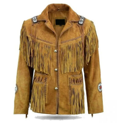 Men Native Western Suede leather Cow boy Style Leather Jacket Fringes