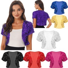 Women Sequin Jacket Short Sleeve Open Front Glitter Cropped Blazer Bolero Shrug