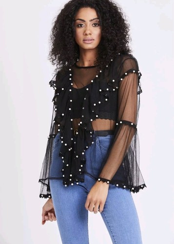 Women Ladies Sheer Gauze Black Lace 