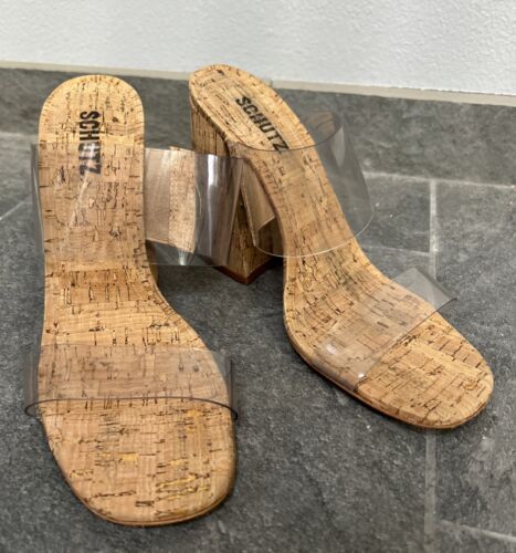 SCHUTZ Victorie High Block Heel Cork Clear Slip On Sandals Open Toe Size 8.5 - 第 2/8 張圖片