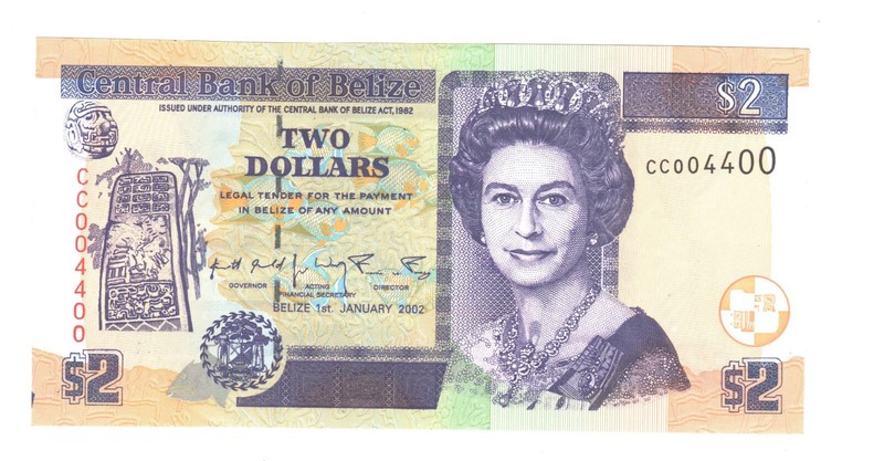 Belize 2 dollars 2002 P-60 (60b) UNC repeater serial CC004400