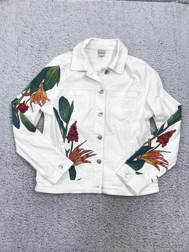 Women's Chico's White Denim Jacket Tropical Floral Crane Embellished Size 1 - Picture 2 of 13