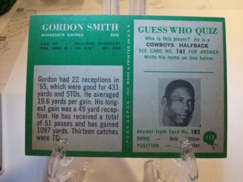 1966 Philadelphia Football #113 - Gordon Smith RC - Minnesota Vikings 66-006 - Picture 2 of 2