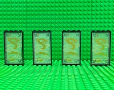 Lego Door Frames Black 1x4x6 (60596) + Glass with Dragon Pattern 57895pb013