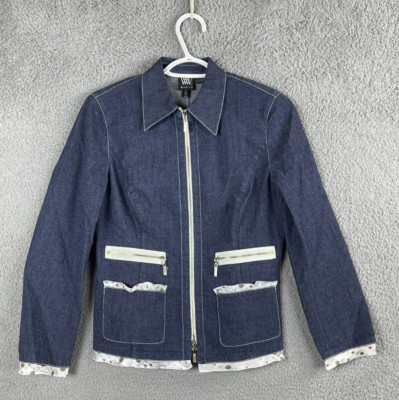 Worth full zip denim jacket women 2 blue long sleeve stretch layered look pocket