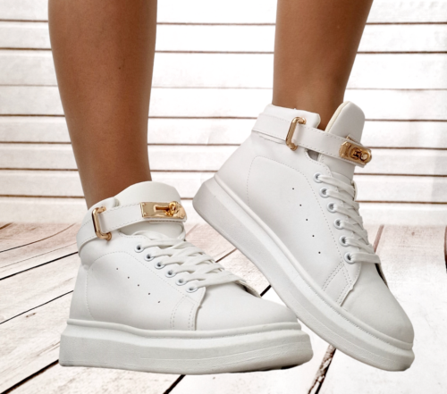 Ladies White Ankle Boots Womens Hi-Top Flat Casual Sneakers Lace Up Shoes Sizes - Afbeelding 1 van 7