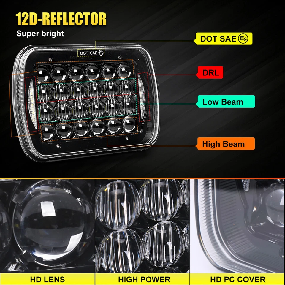 Black Pair 5x7" 7x6 Rectangle LED Headlights For Freightliner MT35/45/55 FL50/60 - Image 3 of 4