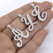 1" CZ Cursive Initial Letter Pendant Yellow White Sterling Silver 925