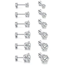 6 Pairs Stainless Steel Round Cubic Zirconia Stud Earrings Set for Men Women
