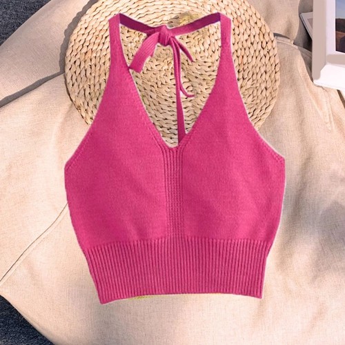 Women Solid Color Halter Strap Sleeveless Knit Crop Tank Top Summer Vest - Picture 4 of 13
