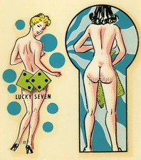 VINTAGE LUCKY SEVEN PIN UP KEYHOLE GIRLIE AUTO CAR WINDOW DECAL SOUVENIR LOT 50s