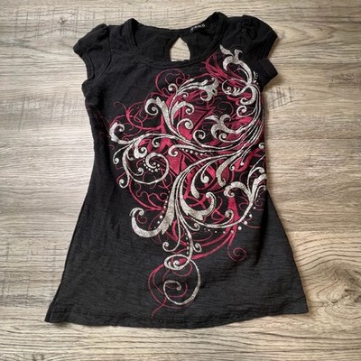 FANG Graphic Tee Womens L Black Pink Silver Glitter Swirl Keyhole Back Cotton