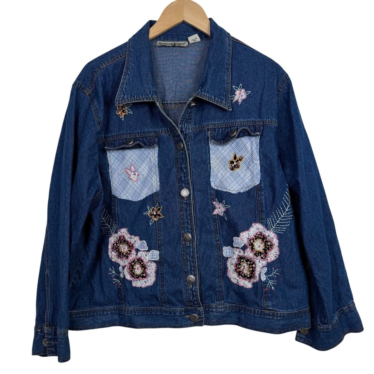 Seventh Avenue Denim Jacket Women 2X Blue Floral Patchwork
