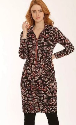 Pomodoro Leopard Flausch Kleid Rot (fmn21-4) Damen Langarm Reißverschluss