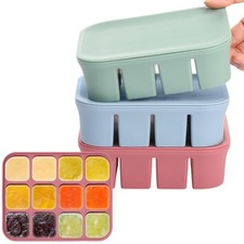 3 PCS Baby Food Freezer Tray Lids 12 Cups Green Blue Red Molds Kitchen Storage